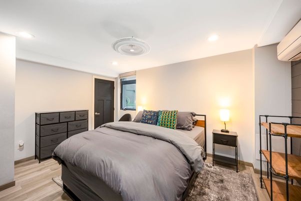 Bedroom, Interior, Recessed Lighting, Wood Texture Flooring