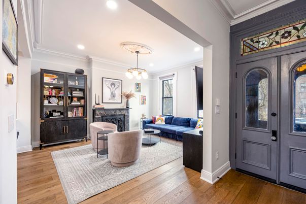 Fireplace, Interior, Living room, Pendant Lights, Recessed Lighting, Wood Texture Flooring