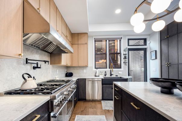 Interior, Kitchen, Pendant Lights, Recessed Lighting, Stainless Steel Appliances, Wood Texture Flooring