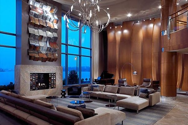 Chandelier, Fireplace, Interior, Living room, Piano, Recessed Lighting, Wooden Walls