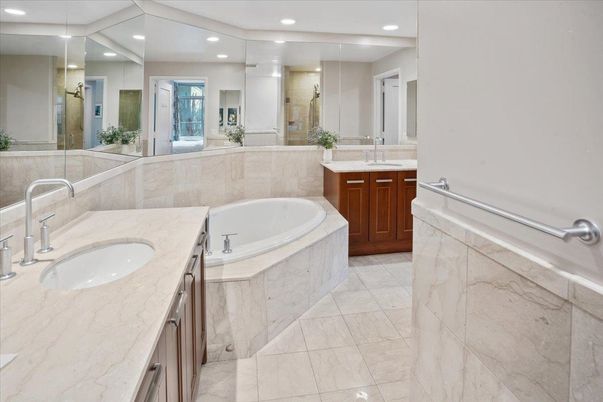 Bathroom, Dual Sink Vanities, Interior, Marble, Recessed Lighting