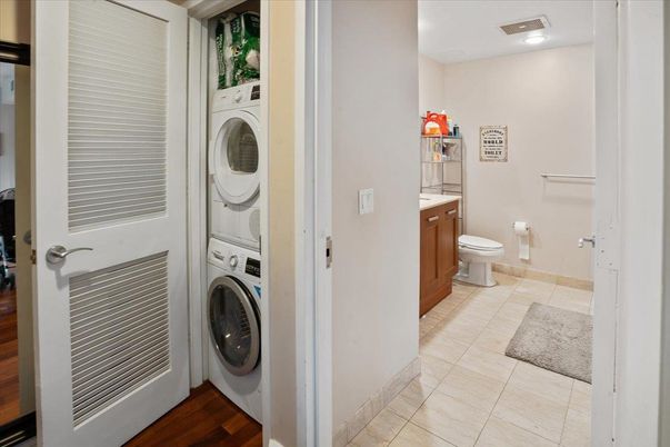Bathroom, Interior, Recessed Lighting, Utility Closets, Washer, Wood Texture Flooring
