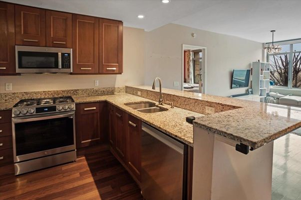 Chandelier, Interior, Kitchen, Recessed Lighting, Stainless Steel Appliances, Wood Texture Flooring