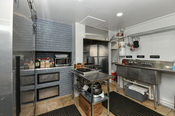 Fireplace, Interior, Kitchen, Recessed Lighting, Stone Walls