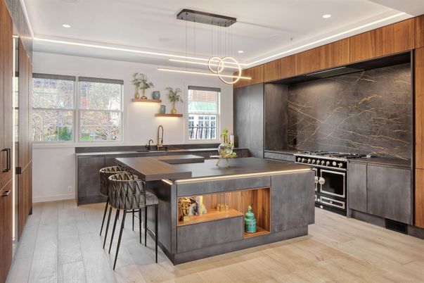 Interior, Kitchen, Marble Walls, Pendant Lights, Recessed Lighting, Stainless Steel Appliances, Wood Texture Flooring