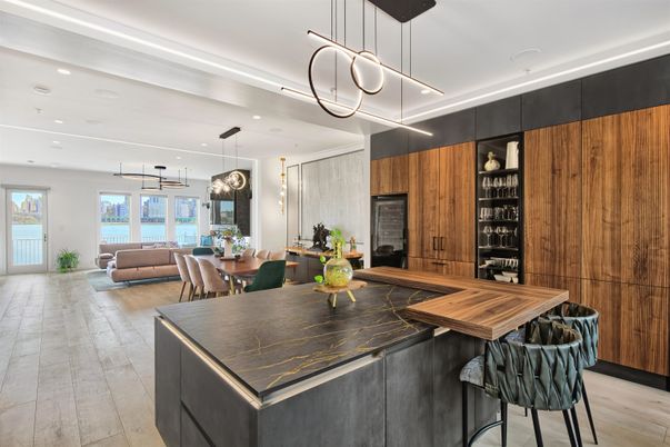 Dining room, Fireplace, Interior, Living room, Pendant Lights, Recessed Lighting, Wood Texture Flooring