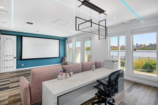 Interior, Projection Screen, Recessed Lighting, Wood Texture Flooring