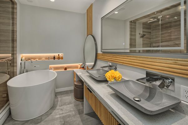 Bathroom, Dual Sink Vanities, Free Standing Baths, Glass Shower, Interior, Recessed Lighting
