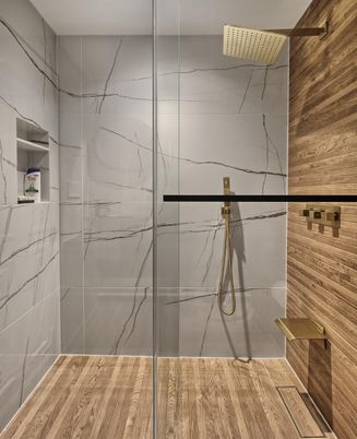 Bathroom, Glass Shower, Interior, Marble Walls, Wood Texture Flooring
