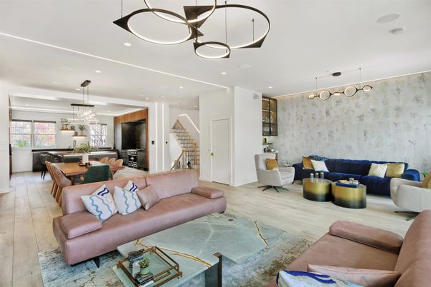 Dining room, Interior, Living room, Pendant Lights, Recessed Lighting, Wood Texture Flooring