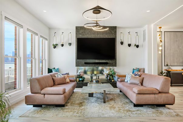 Fireplace, Interior, Living room, Pendant Lights, Recessed Lighting, Wood Texture Flooring