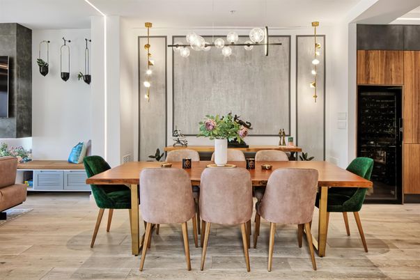 Dining room, Interior, Pendant Lights, Wood Texture Flooring