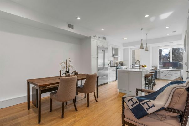 Dining room, Interior, Kitchen, Pendant Lights, Recessed Lighting, Wood Texture Flooring