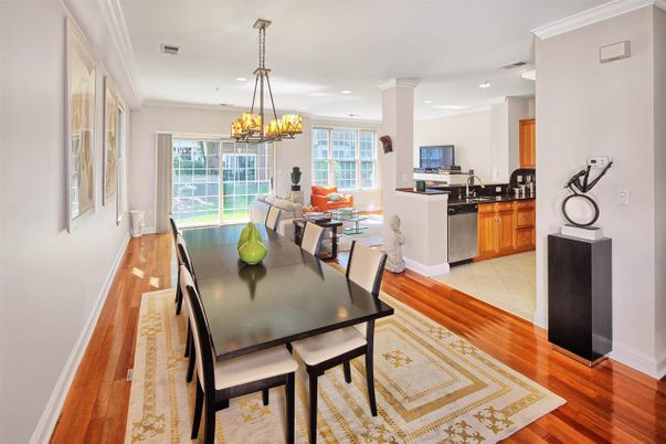 Chandelier, Dining room, Interior, Kitchen, Living room, Recessed Lighting, Wood Texture Flooring