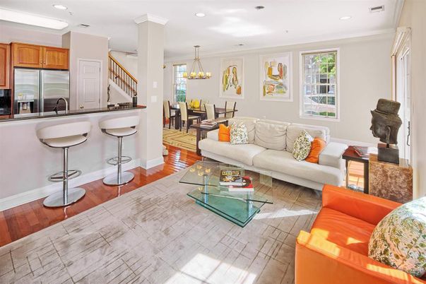 Chandelier, Dining room, Interior, Kitchen, Living room, Recessed Lighting, Stainless Steel Appliances, Wood Texture Flooring