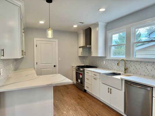 Interior, Kitchen, Pendant Lights, Recessed Lighting, Stainless Steel Appliances, Wood Texture Flooring