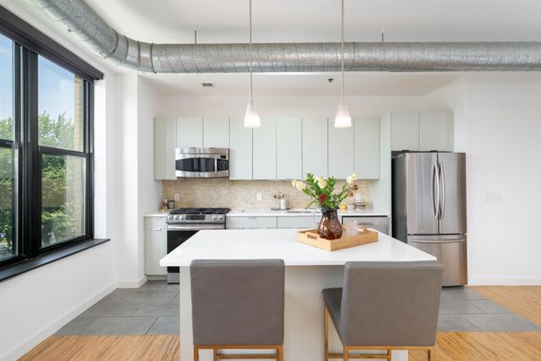 Interior, Kitchen, Pendant Lights, Stainless Steel Appliances, Wood Texture Flooring