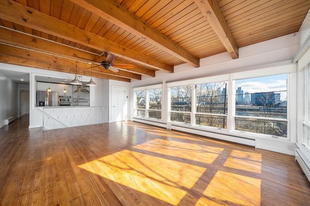 Empty room, Interior, Kitchen, Pendant Lights, Wooden Beams, Wooden Ceilings, Wood Texture Flooring