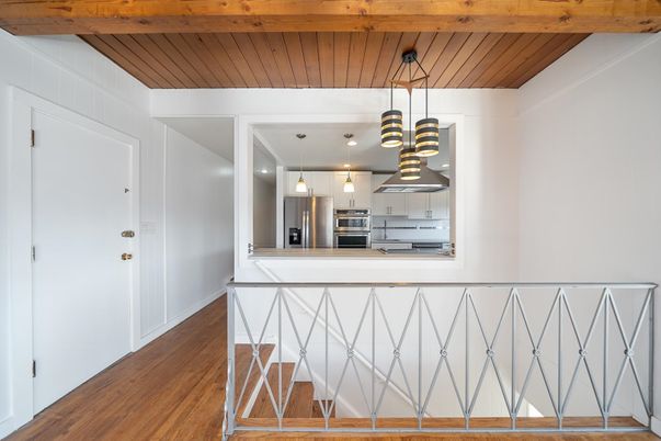 Interior, Kitchen, Pendant Lights, Stainless Steel Appliances, Wooden Beams, Wooden Ceilings, Wood Texture Flooring