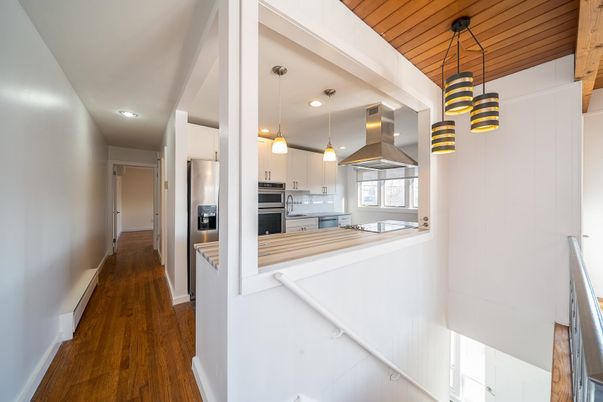 Interior, Kitchen, Pendant Lights, Recessed Lighting, Stainless Steel Appliances, Wooden Ceilings, Wood Texture Flooring