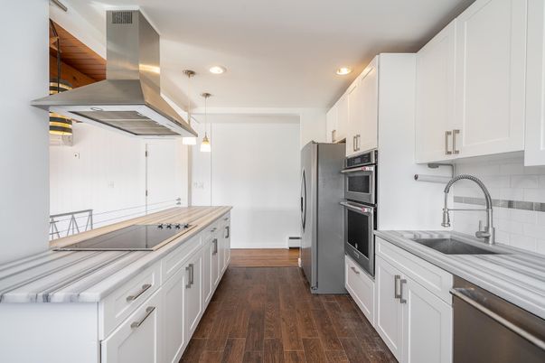 Interior, Kitchen, Pendant Lights, Recessed Lighting, Stainless Steel Appliances, Wood Texture Flooring