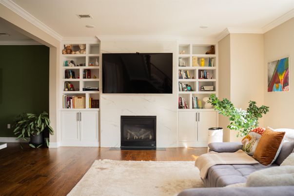 Fireplace, Interior, Living room, Recessed Lighting, Wood Texture Flooring