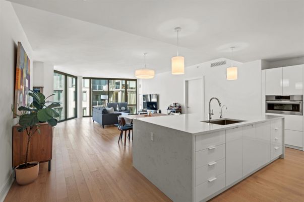 Interior, Kitchen, Living room, Pendant Lights, Stainless Steel Appliances, Wood Texture Flooring
