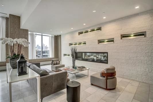 Fireplace, Interior, Living room, Recessed Lighting, Stone Walls