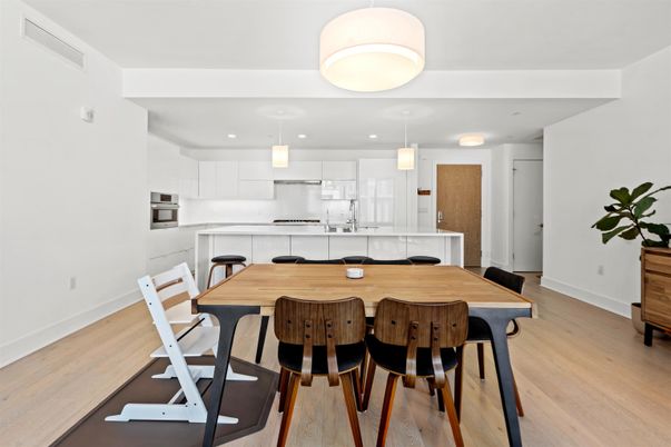 Dining room, Interior, Kitchen, Pendant Lights, Recessed Lighting, Stainless Steel Appliances, Wood Texture Flooring