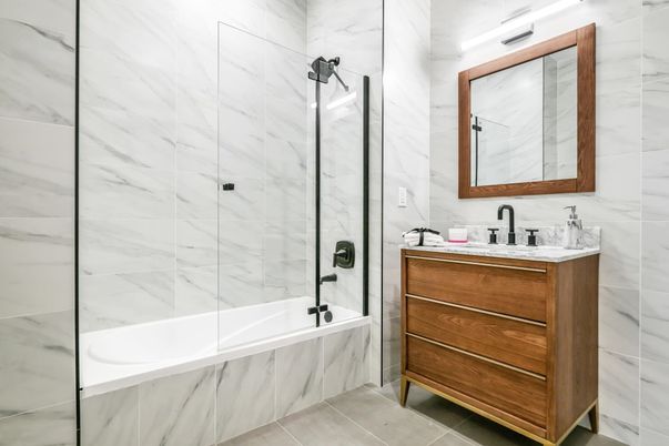Bathroom, Dual Sink Vanities, Glass Shower, Interior, Marble Walls