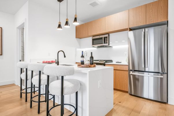 Interior, Kitchen, Pendant Lights, Recessed Lighting, Stainless Steel Appliances, Wood Texture Flooring