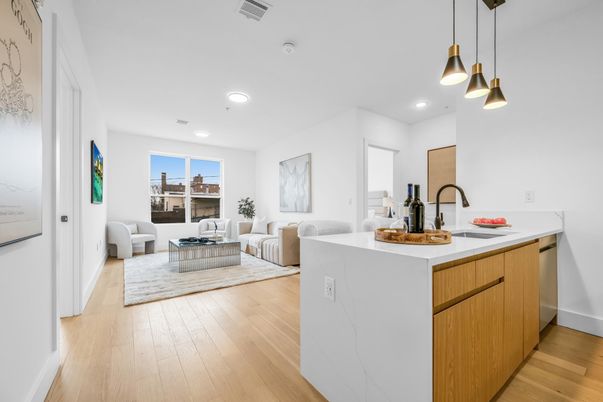 Interior, Kitchen, Living room, Pendant Lights, Recessed Lighting, Wood Texture Flooring