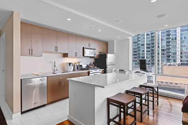 Interior, Kitchen, Recessed Lighting, Stainless Steel Appliances, Wood Texture Flooring