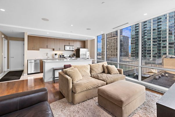 Interior, Kitchen, Living room, Recessed Lighting, Stainless Steel Appliances, Wood Texture Flooring