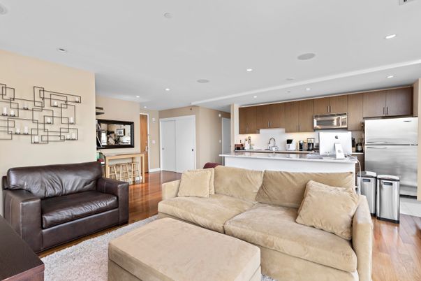 Interior, Kitchen, Living room, Recessed Lighting, Stainless Steel Appliances, Wood Texture Flooring