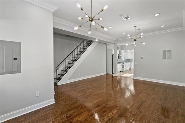 Empty room, Interior, Kitchen, Pendant Lights, Recessed Lighting, Wood Texture Flooring