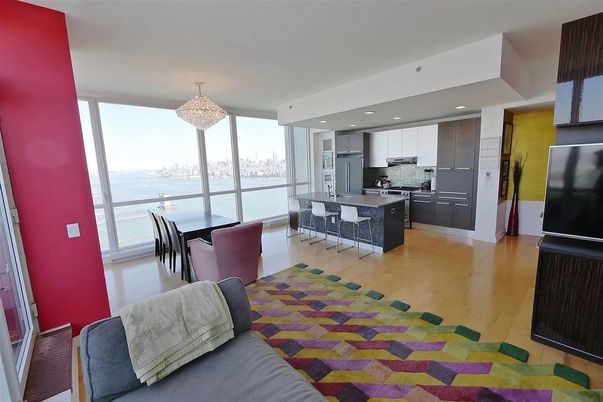 Chandelier, Dining room, Interior, Kitchen, Recessed Lighting, Stainless Steel Appliances, Water, Wood Texture Flooring