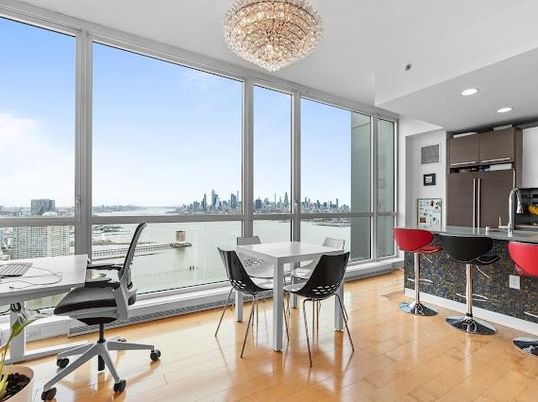 Chandelier, Home Office, Interior, Recessed Lighting, Wood Texture Flooring