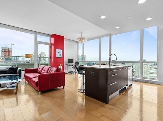 Chandelier, Interior, Kitchen, Living room, Recessed Lighting, Wood Texture Flooring