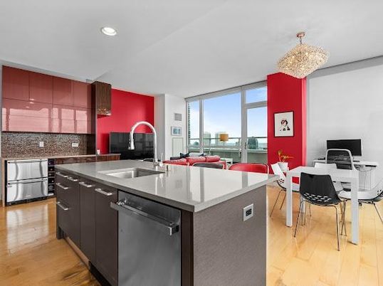 Chandelier, Dining room, Interior, Kitchen, Living room, Recessed Lighting, Stainless Steel Appliances, Wood Texture Flooring