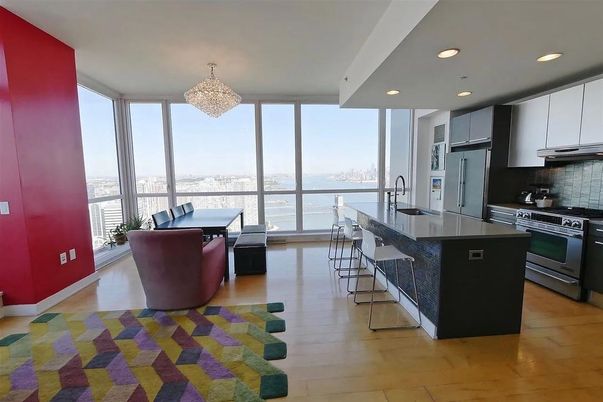 Chandelier, Dining room, Interior, Kitchen, Recessed Lighting, Stainless Steel Appliances, Water, Wood Texture Flooring