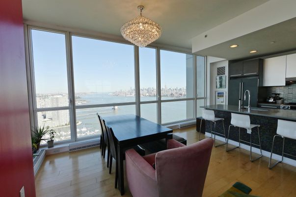 Chandelier, Dining room, Interior, Kitchen, Recessed Lighting, Water, Wood Texture Flooring