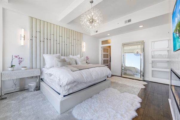 Bedroom, Chandelier, Interior, Recessed Lighting, Wood Texture Flooring