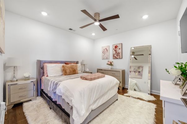 Bedroom, Interior, Recessed Lighting, Wood Texture Flooring