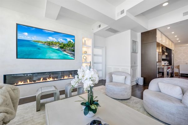 Dining room, Fireplace, Interior, Kitchen, Living room, Recessed Lighting, Wood Texture Flooring