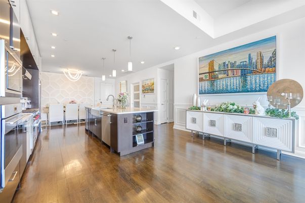 Dining room, Interior, Kitchen, Pendant Lights, Recessed Lighting, Stainless Steel Appliances, Wood Texture Flooring