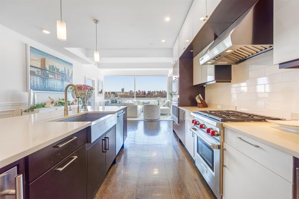 Interior, Kitchen, Pendant Lights, Recessed Lighting, Stainless Steel Appliances, Water, Wood Texture Flooring