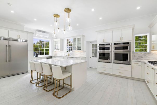 Interior, Kitchen, Pendant Lights, Recessed Lighting, Stainless Steel Appliances, Wood Texture Flooring