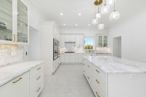 Interior, Kitchen, Marble Walls, Pendant Lights, Recessed Lighting