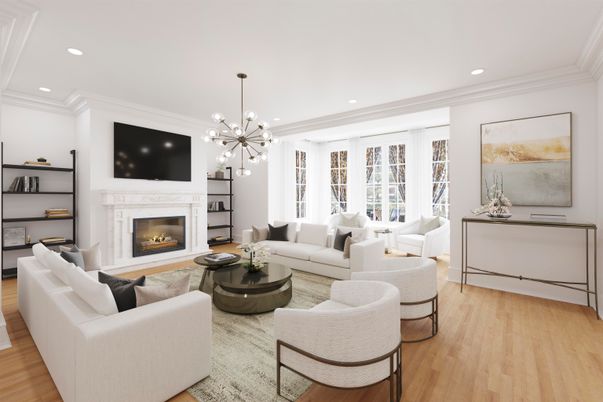 Fireplace, Interior, Living room, Pendant Lights, Recessed Lighting, Wood Texture Flooring